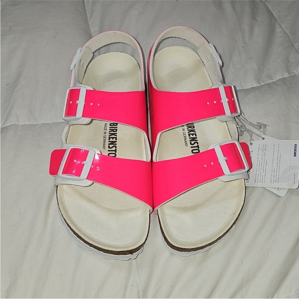 Birkenstock Womens Vegan Sandals L9-M7 40 Hot Pink & White Nwts - Picture 11 of 14